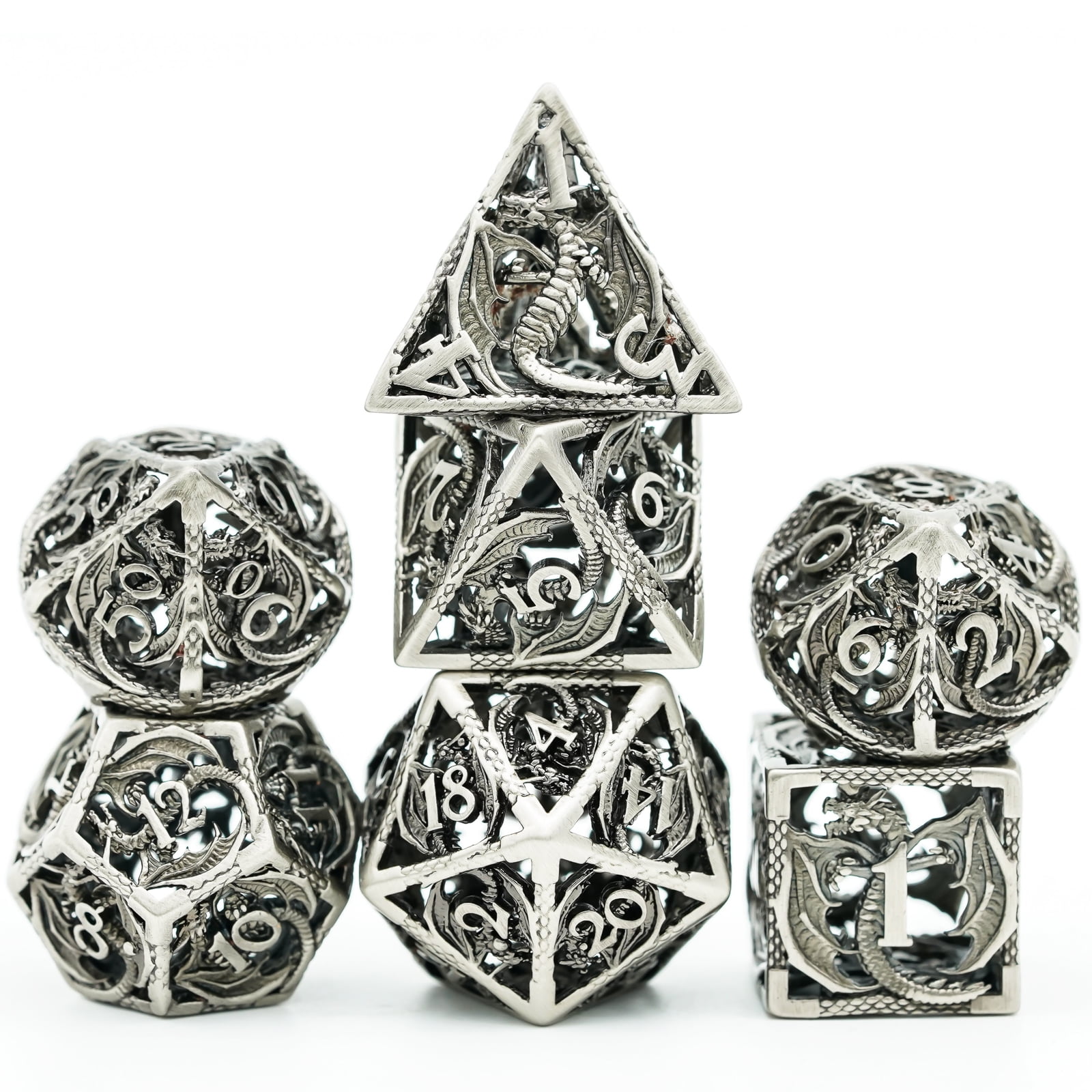Cusdie Hollow Metal Dice, Flying Dragon D&D Dice, 7 Pcs DND Dice Set, Polyhedral Dice Set, for Role Playing Game MTG Pathfinder