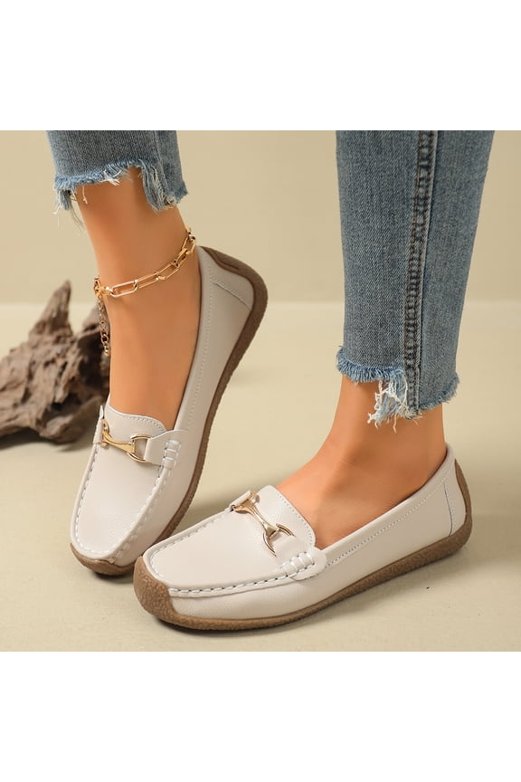 Women Ballet Flats Slip On Leather Loafers Beige with Metal Buckle Comfortable Casual Dress Shoes Breathable Work Footwear