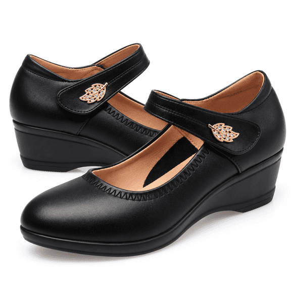 CushHide Women's Round Toe Wedge Heel Mary Jane Shoes, Hook-and-Loop Strap, Faux Leather