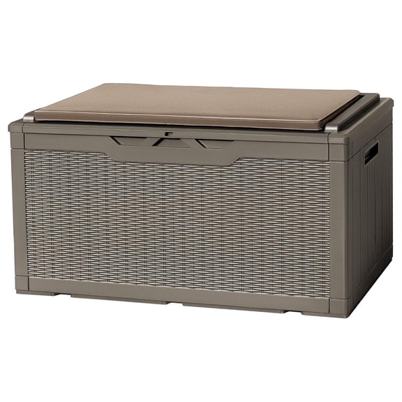 with Cushion 100 Gallon Waterproof Resin Storage Box with Air Rod Indoor Outdoor Lockable Storage for Patio Furniture, Tools, Pool Accessories (Brown)