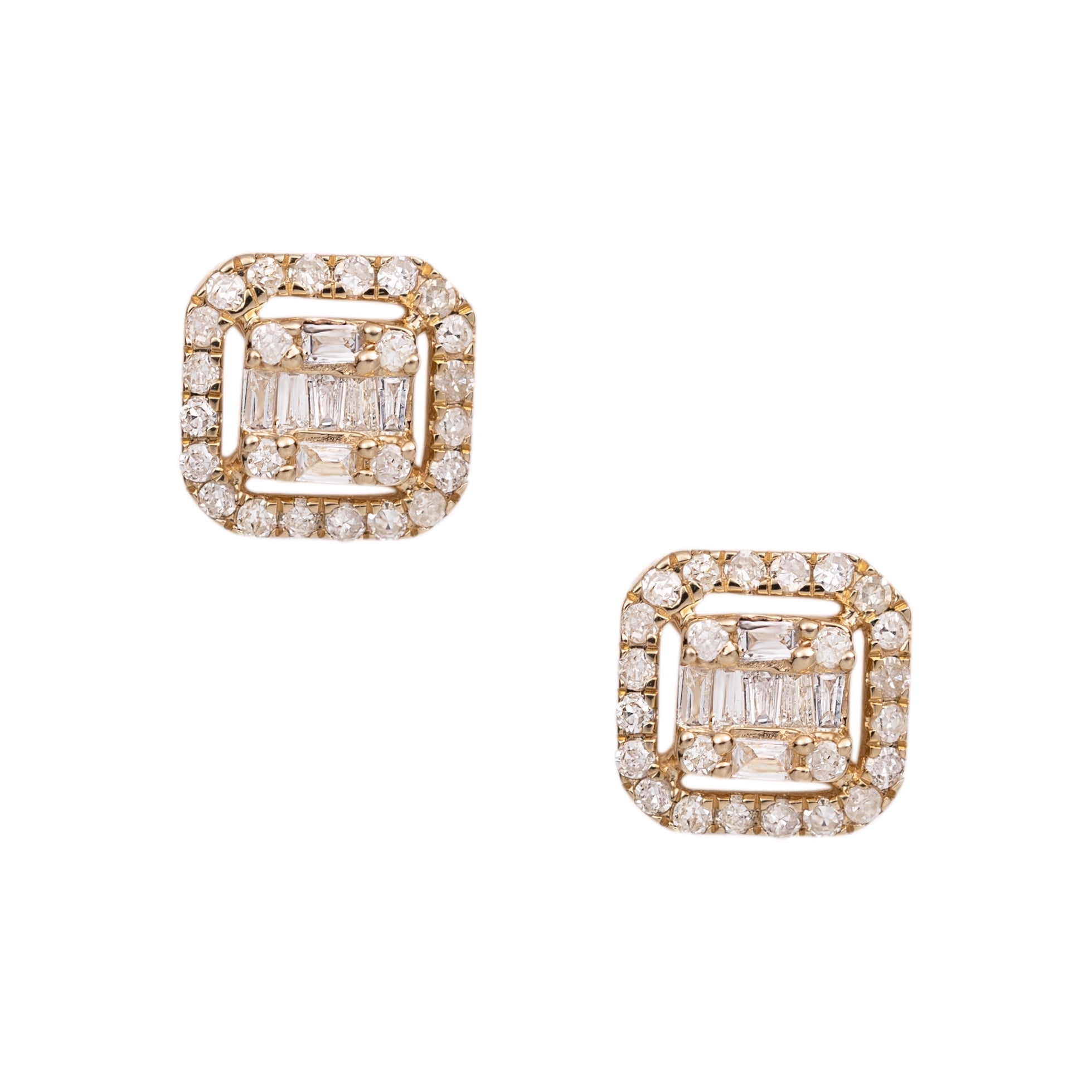 Cushion Baguette & Round Diamond Stud Unisex Adult Earrings 14K Yellow Gold, 1.54 Gr - Goldum NYC