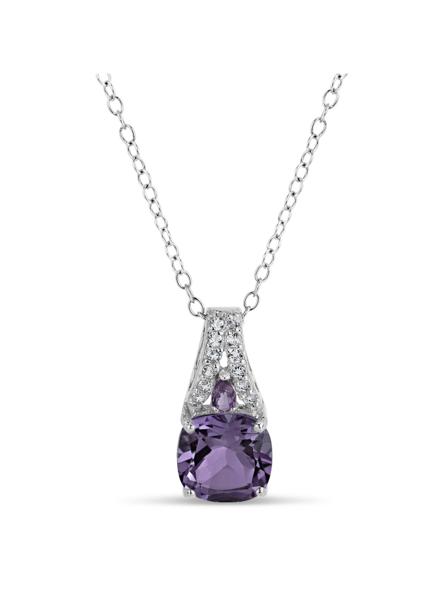 Cushion Brazil Amethyst and White Topaz Sterling Silver Rhodium Plated Pendant Necklace, 18"