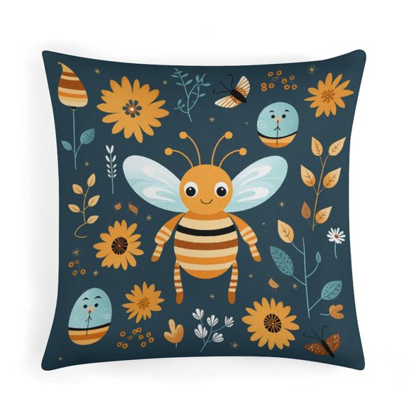 Cushion Case Cute Bee And Flower Decorative Throw Pillow Covers Cute Cartoon Bumble Bee Throw Pillow Cover Home Decor Throw Pillows Cover 18"x18"