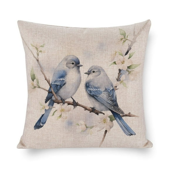 Cushion Case Elegant Blue Gray Birds Watercolor Wildlife Square Pillow Cover Spring Summer Vintage Birds with Leaves Pillow Protectors with Zipper Standard Size 16"x16" Cushion Case for Sofa Couch