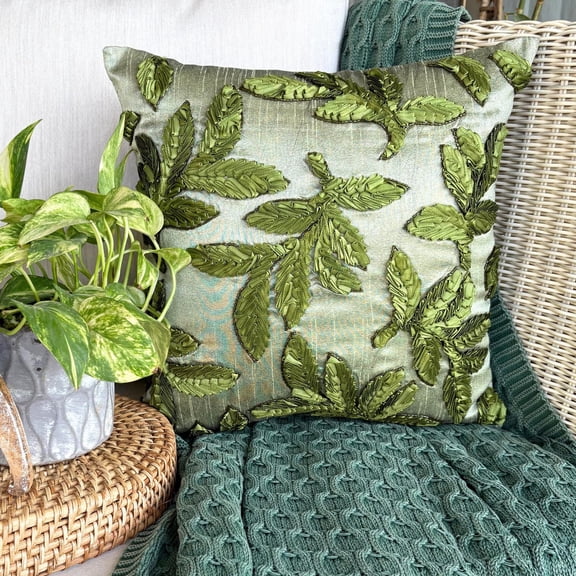Cushion Cover, 18x18 Pillow Cover Green, Designer Green Pillow Cover, Ribbon Leaf Tropical Theme Pillow Cover, 18x18 inch (45x45 cm) Throw Pillow Cover, Square Silk - Leafy Days