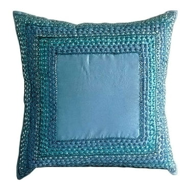 Cushion Cover, Aqua Blue Decorative Pillow Covers 16x16 inch (40x40 cm), Silk Accent Throw&nbsp;Pillows, Bordered, Sequin Embellished, Modern Pillow Covers For Couch - Blue Celebrations