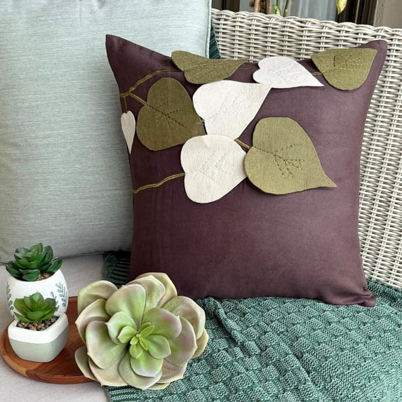 Cushion Cover, Brown Shams, Leaf Felt Applique Tropical Theme Pillow Sham, 24x24 inch (60x60 cm) Pillow Sham, Square Faux Suede Pillow Sham, Floral Pattern - Oliveleafyday