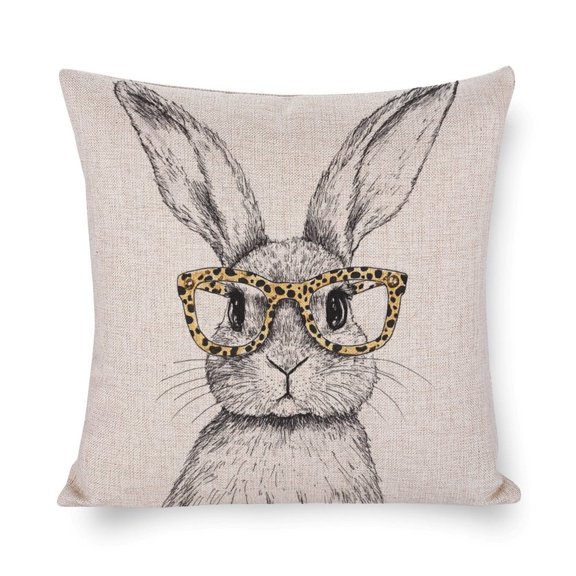 Cushion Cover Bunny with Leopard Glasses Linen Pillow Cover Spring Rabbit Holiday Decorative Pillowcases for Bed 18"x18" Home Sofa Decor