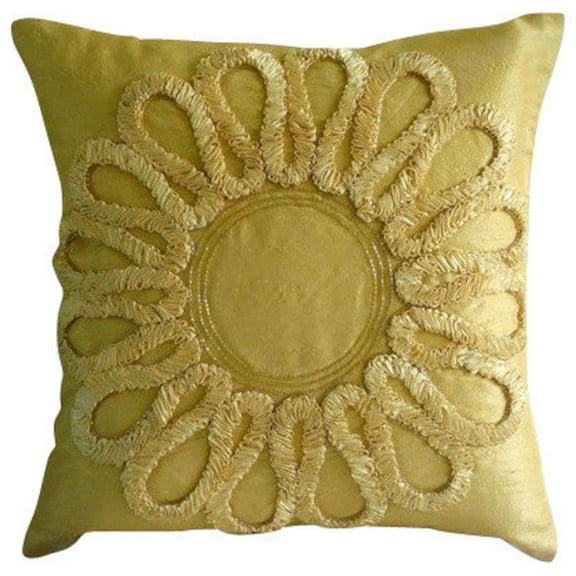 Cushion Cover Custom, Decorative Gold Toss Pillow Covers 16x16 inch (40x40 cm), Silk Throw Pillows For Couch, Nature & Floral, Ribbon Embroidery, Contemporary Pillow - We All Blossom