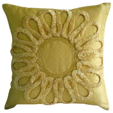 Cushion Cover Custom, Decorative Gold Toss Pillow Covers 16x16 inch (40x40 cm), Silk Throw Pillows For Couch, Nature & Floral, Ribbon Embroidery, Contemporary Pillow - We All Blossom