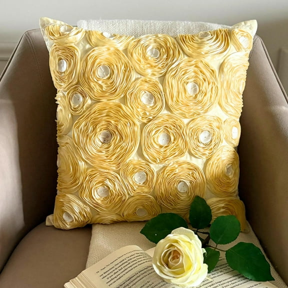 Cushion Cover Custom, Gold European Pillow Shams 26x26 inch (65x65 cm), Silk Euro Pillow Cases, Nature & Floral, Roses, Ribbon Embroidery, Modern Euro Pillow Shams - Gold Garden