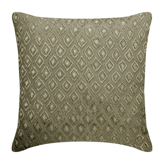 Cushion Cover Custom, Grey 18"x18" (45x45 cm) Throw Pillows, Linen Zardozi Embriodery Beaded Throw Pillows For Couch, Geometric Pattern Modern Style - Diamonds And Silver