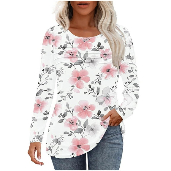 Raeneomay Long Sleeve Shirts for Women Casual Fashion Pullover Pleated Round Neck Printed Long Sleeved Shirt