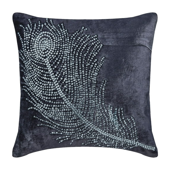 Cushion Cover For Chair, Purple Charcoal Pillow Cover, Crystals Peacock Feather Pillow Cover, 14x14 inch (35x35 cm) Cushion Cover, Square Velvet Pillowcase, Floral - Peacock Bliss