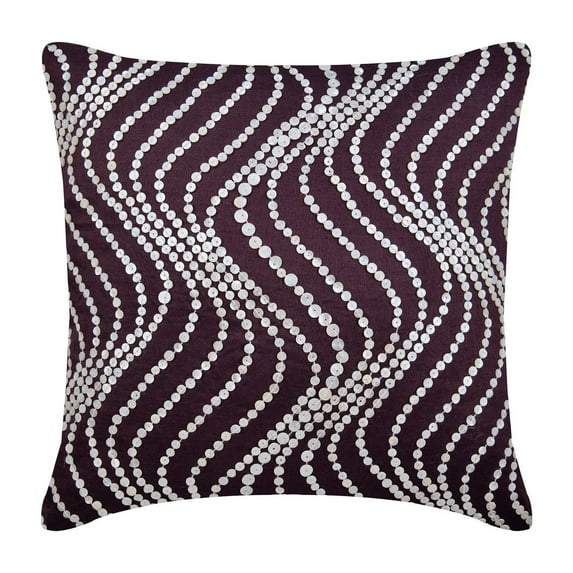 Cushion Cover For Chair, Purple Pearl Waves - 12x12 Inches Square Decorative Throw Pillow Cover Dark Purple Linen Pillow Cover With Mother Of Pearl Embroidery