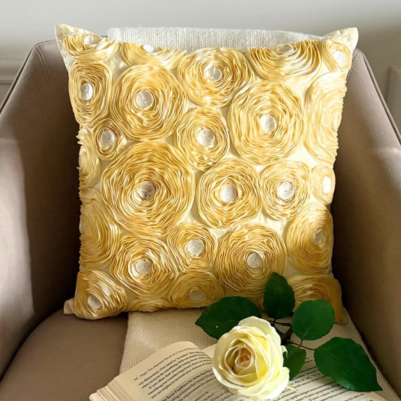 Cushion Cover, Gold Decorative Zippered Pillow Covers 16x16 inch (40x40 cm), Silk Throw Pillows For Couch, Nature & Floral, Roses, Ribbon Embroidery, Modern Decorative - Gold Garden