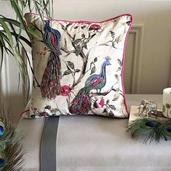 Cushion Cover, Pink & Purple 16"x16" (40x40 cm) Sqaure Throw Pillows, Cotton Peacock Beaded & Pom Pom Lace Throw Pillows For Couch, Nature & Floral Pattern Contemporary Style - Tavas