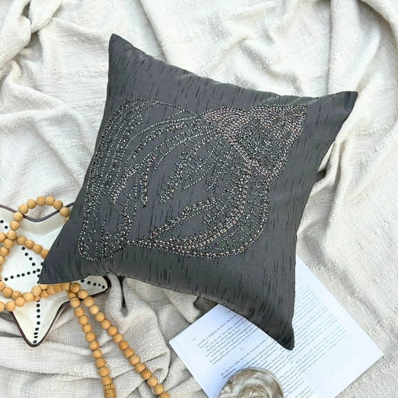 Cushion Cover For Sofa, Charcoal Grey Decorative Pillow Covers 16x16 inch (40x40 cm), Silk Designer Pillow Covers, Sea Creatures, Shell, Beaded, Modern Throw Pillow - Night Sea Shell