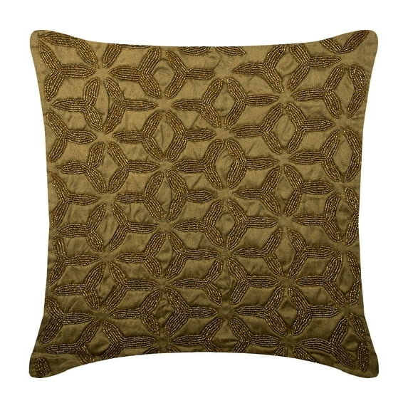 Cushion Cover For Sofa, Gold Trinity - 12x12 Inches Square Decorative Throw Pillow Cover Earthy Green Color Silk Pillow Cover With Gold Bead Embroidery