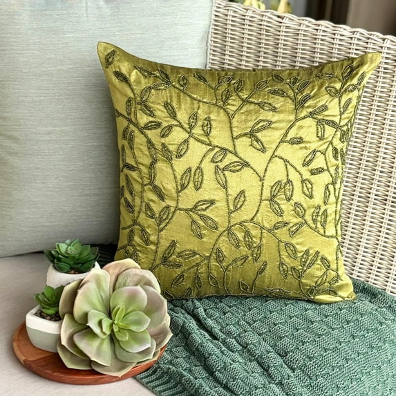 Cushion Cover Sofa, Green Pillow Covers, Beaded Leaf Tropical Theme Pillows Cover, 14x14 inch (35x35 cm) Pillow Cover, Square Silk Pillows Covers for Couch, Floral - Tropical