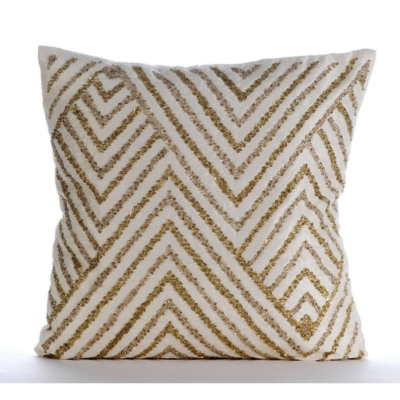 Cushion Cover For Sofa, Ivory Decorative Pillow Cover, Sequins Chevron Zig Zag Glitter Pillows Cover, 18x18 inch (45x45 cm) Throw Pillow Covers, Square Linen - Gold Silver Tinsel