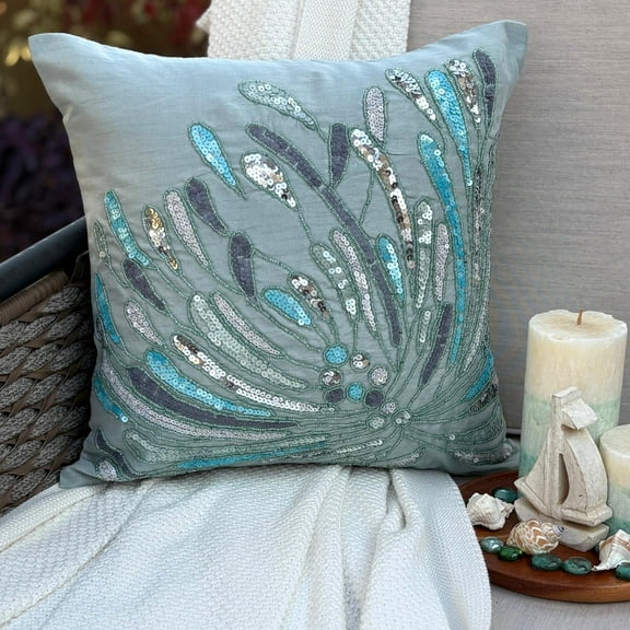 Cushion Cover For Sofa, Light Blue Euro Pillow Shams 26x26 inch (65x65 cm), Silk Euro Sham Covers, Abstract, Waves, Sequin Embellished, Beach Style European Sham&nbsp; - Water Burst