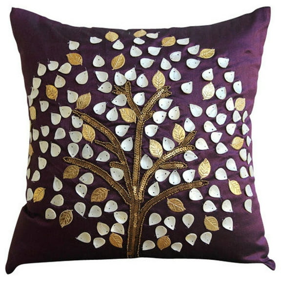 Cushion Cover For Sofa, Plum Decorative Pillowcase With Zipper 16x16 inch (40x40 cm), Silk Throw Pillow Covers, Nature & Floral, Tree, Beaded, Contemporary Pillow - Plum Hope Tree