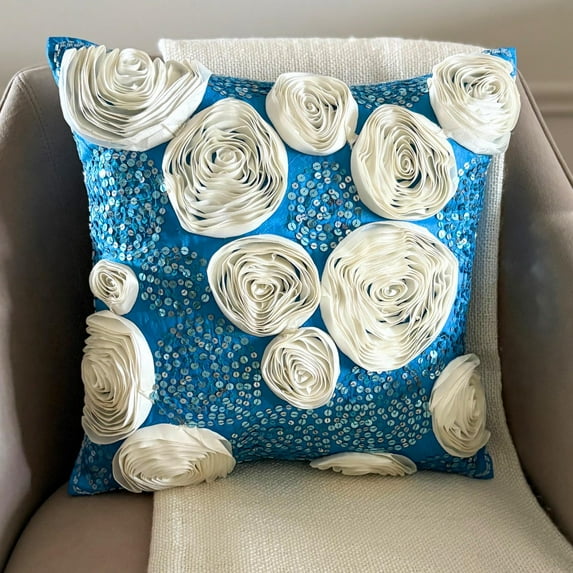 Cushion Covers, Aqua Blue Decorative Pillow Cover, Ribbon Ivory Rose Flower & Sequins Floral Theme Pillow Cover, 18x18 inch (45x45 cm) Pillow Cover, Square Silk Pillowcase - Eternity