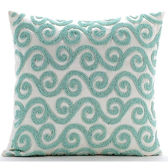 Cushion Covers For Chairs, Mint Blue Pillow Covers 16x16 inch (40x40 cm), Silk Couch Throw Pillow Covers, Abstract, Scrolls, Pattern, Beaded, Modern Decorative - Mint Blue Trail