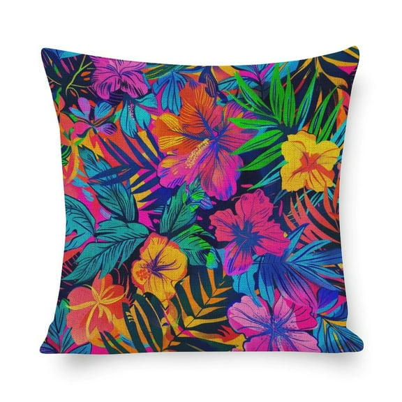 Cushion Covers Colorful Hawaiian Tropical Flowers Printed Pillow Cover Tropical Leaves Hibiscus Pillow Cases Standard Size 16"x16" for Couch Bed Home Decor