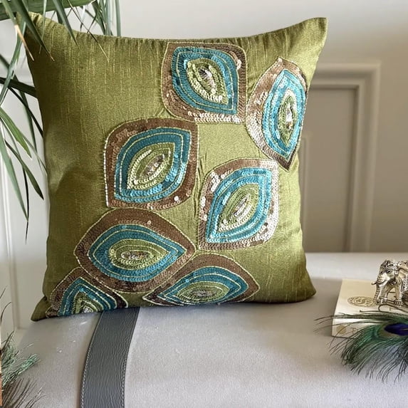 Cushion Covers For Couch, 22x22 inch (55x55 cm) Pillow Cover, Green Pillow Cover, Sequins Peacock Pillow Cover, Art Deco Silk Square Pillow Cover, Geometric - Peacock Abstract