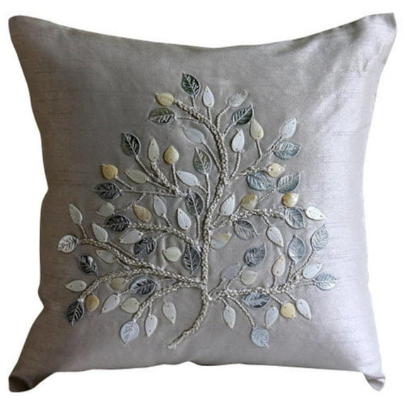 Cushion Covers For Couch, 22x22 inch (55x55 cm) Throw Pillow Cover, Silver Beige Pillow Cover, Mother Of Pearls Tree Pillow Cover, Art Silk Square Pillow Cover, Floral - Silver Leaf