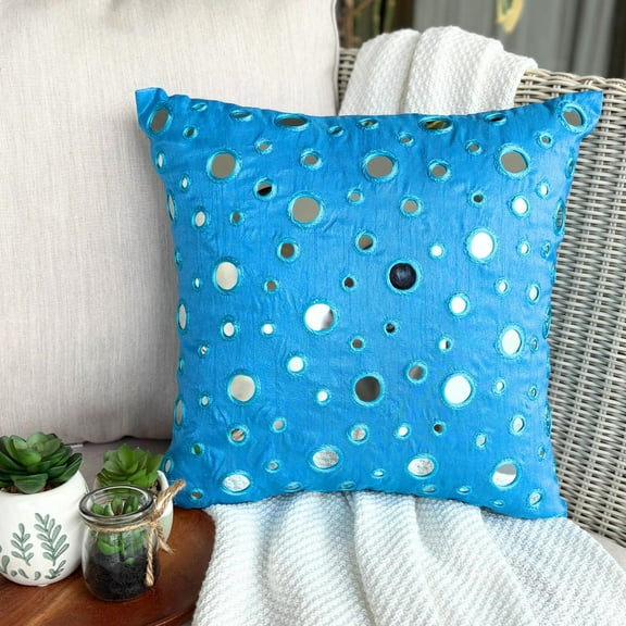 Cushion Covers For Couch, Aqua Blue Throw Pillow Covers 16x16 inch (40x40 cm), Silk Throw Pillows Couch, Circles & Dots, Polka Dots, Mirror Embroidery, Contemporary - Blue Mirror