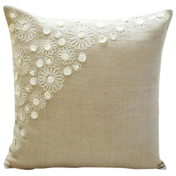 Cushion Covers For Couch, Ecru Pillow case, Pearl Flower Mother Of Pearls Floral Theme Pillow Cover, 20x20 inch (50x50 cm) Pillow Cover, Floral Cushion Cover, Cotton Linen - Elegance