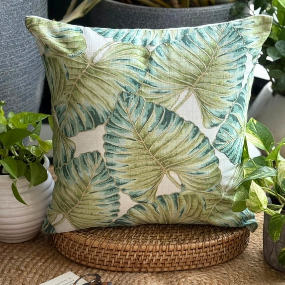 Cushion Covers For Couch, Green 20"x20" (50x50 cm) Throw Pillow Covers, Cotton Tropical & Leaf & Zardosi Embroidery Throw Pillows For Couch, Nature & Floral Pattern - Tropical Breeze