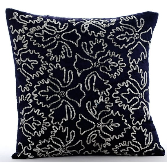 Cushion Covers For Couch, Navy Blue Zippered Throw Pillow Covers 16x16 inch (40x40 cm), Velvet Pillow Covers, Nature & Floral, Zardozi, Periwinkle, Modern Handmade - Silver Periwinkle