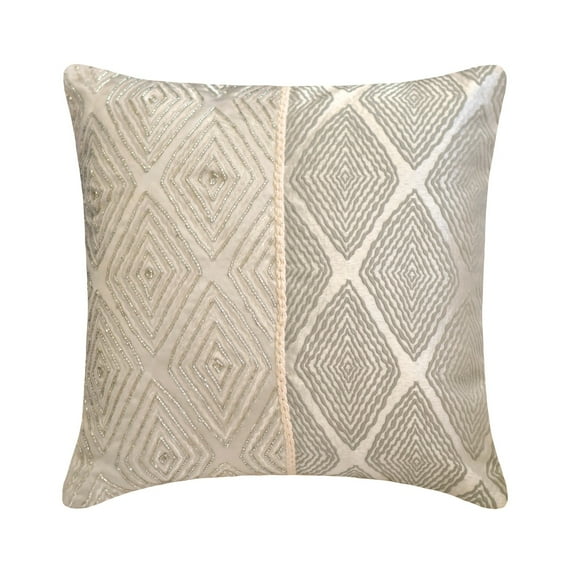 Cushion Covers, Decorative Grey & Ivory 18"x18" (45x45 cm) Throw Pillow Covers, Silk Jacquard, Lace & Beaded Throw Pillows For Sofa, Geometric Pattern Contemporary Style - Allotrope