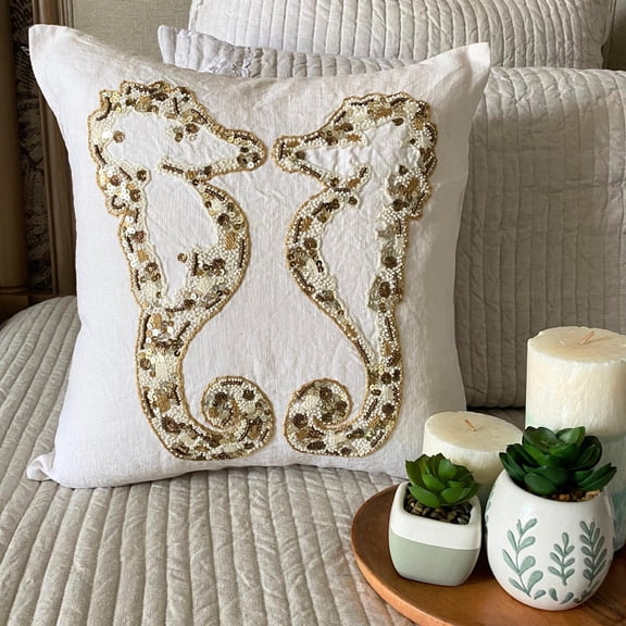 Cushion Covers, Decorative Ivory & Gold 20"x20" (50x50 cm) Throw Pillow Covers, Linen Beaded & Sequins Throw Pillows For Sofa, Abstract Pattern Beach Style - Sea Horse Kiss