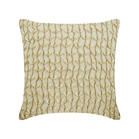 Cushion Covers, Ecru Cushion Cover With Zipper 16x16 inch (40x40 cm), Linen Throw Pillow Covers, Nature & Floral, Pearl, Jute, Contemporary Decorative Accent Pillow - Pearl Drops Ivy