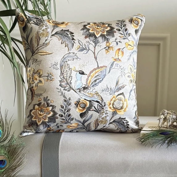 Cushion Covers, Grey & Yellow 22"x22" (55x55 cm) Accent Cushion Covers, Satin Peacock Throw Pillows For Sofa, Floral Pattern Art Deco Style - Peacock Beau