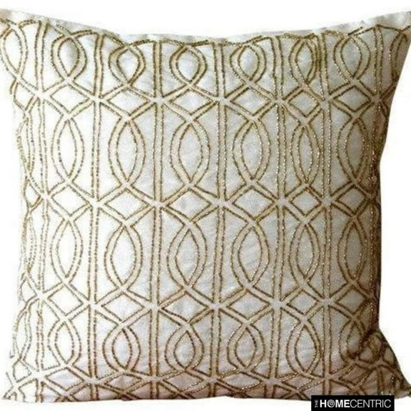 Cushion Covers, Ivory Designer Throw Pillow Covers 16x16 inch (40x40 cm), Silk Throw Pillows For Couch, Geometric, Lattice, Trellis, Beaded, Modern Decorative Pillow Covers - Gold Taj