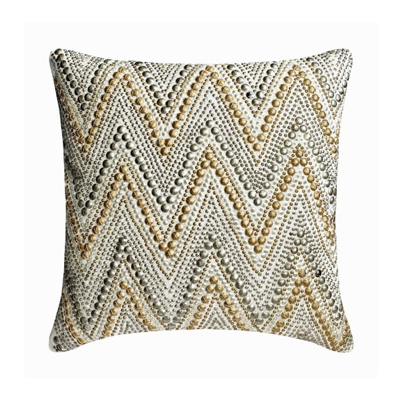 Cushion Covers, Ivory, Gold & Silver 14"x14" (35x35 cm) Sqaure Throw Pillows, Silk Chevron & Beaded Throw Pillows For Couch, Geometric Pattern Modern Style - Chevron Spark