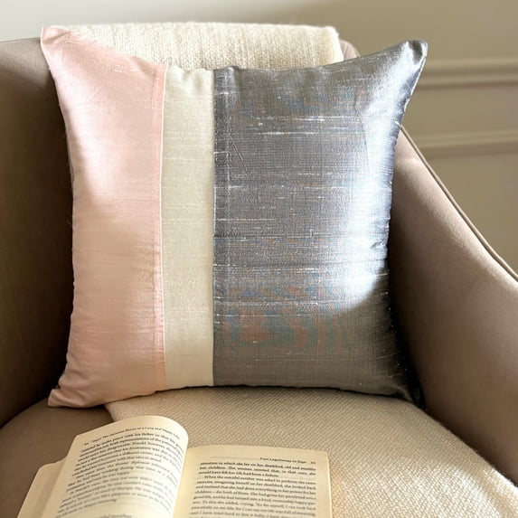 Cushion Covers, Light Pink & Grey 14"x14" (35x35 cm) Throw Pillow Covers, Silk Color Block Patchwork Throw Pillows For Couch, Patchwork Pattern Modern Style - Splendour Pink