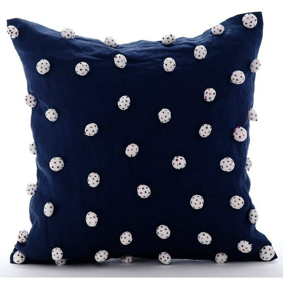 Cushion Covers, Navy Blue Throw Pillow Cover, Dotted Pom Poms Children's Room Pillow Cover, 14x14 inch (35x35 cm) Pillow Cover, Square Linen Pillow Cover, Polka Dot - I Love Pom Poms
