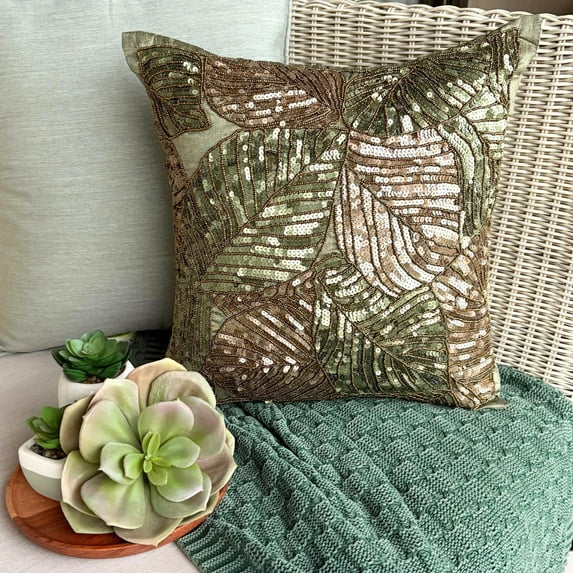 Cushion Covers, Olive Green Pillow Cover For Sofa 16x16 inch (40x40 cm), Silk Throw Pillow Covers, Nature & Floral, Leaf, Sequins Embellished, Tropical Hmade - Green Camouflage