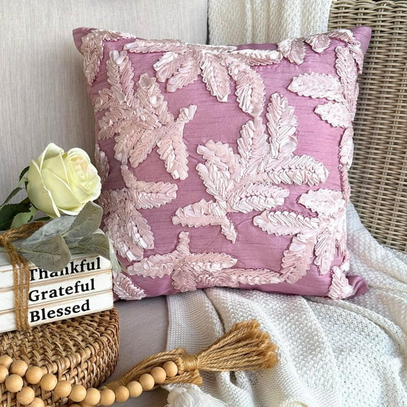 Cushion Covers, Pink Decorative Toss Pillows 16x16 inch (40x40 cm), Silk Zippered Pillow Covers, Nature & Floral, Leaf, Ribbon Embroidery, Modern Cushion Cover For Sofa - Leafy Pink