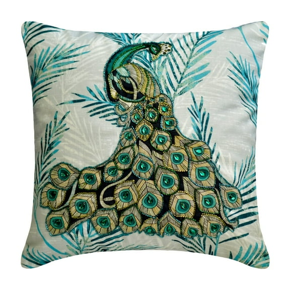 Cushion Covers, Teal 16"x16" (40x40 cm) Throw Pillow Covers, Cotton Peacock Throw Pillows For Couch, Birds Pattern Contemporary Style - Art Nouveau Peacock