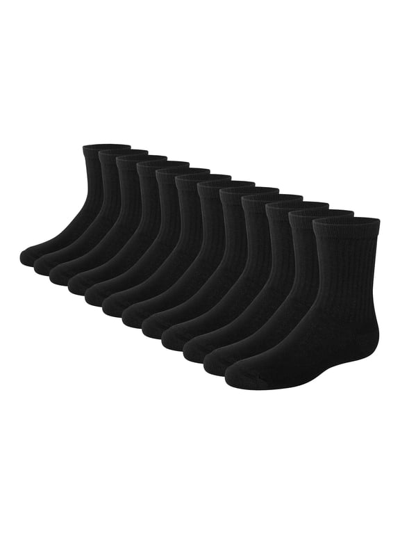 Double Tough Boys' Cushion Crew Socks, 12-Pairs Black M