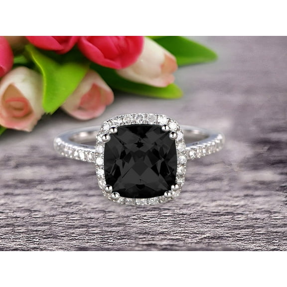 Cushion Cut 2.05 Carat Black Diamond Moissanite Engagement Ring Anniversary Gift 10k White Gold Halo Design
