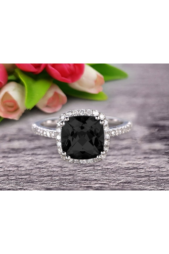 Cushion Cut 2.05 Carat Black Diamond Moissanite Engagement Ring Anniversary Gift 10k White Gold Halo Design